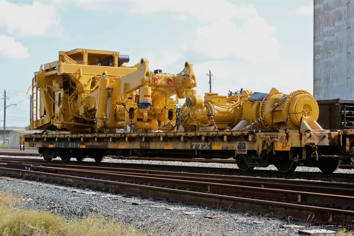 Oversized industrial machinery secured on a flatbed railcar